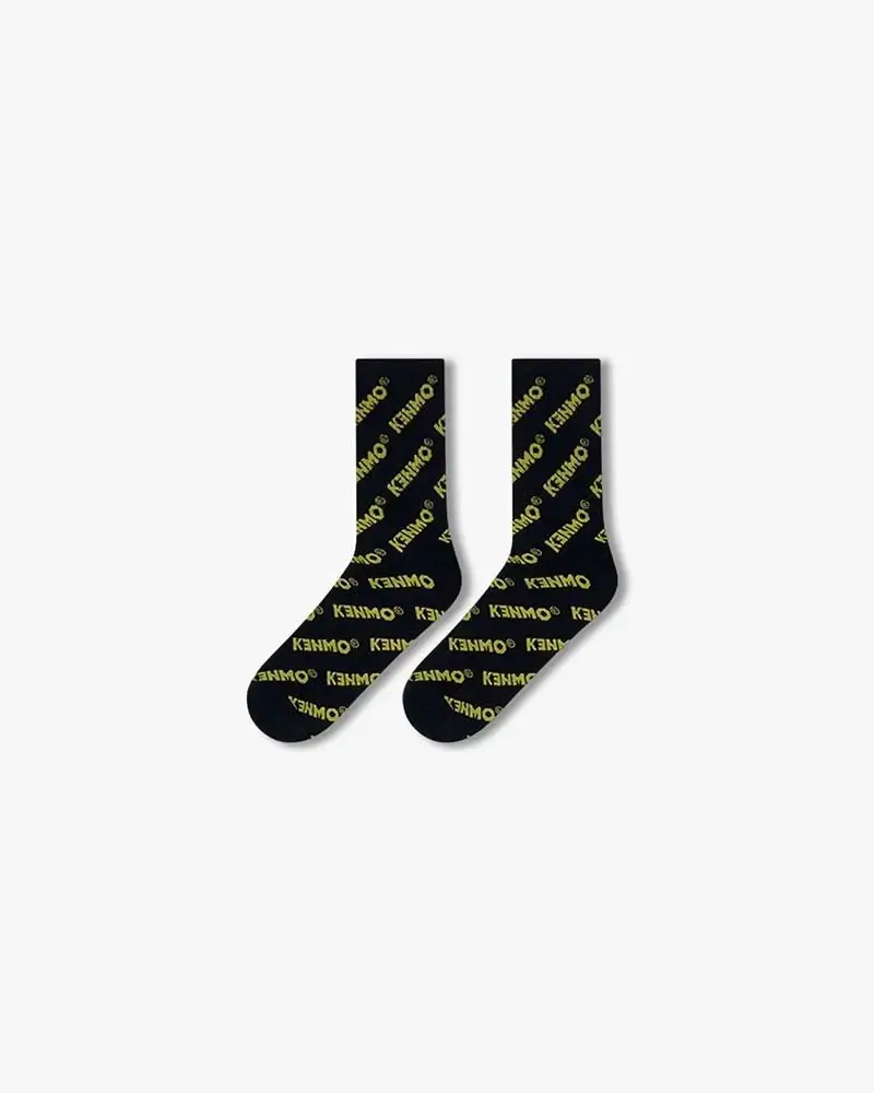 Black Crew Socks | Yellow Kenmo Logo All Over