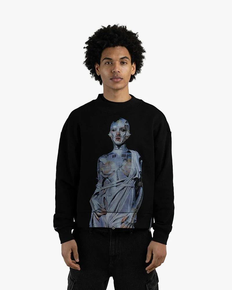 Black Cropped Sweatshirt | Cyborg Girl Graphic