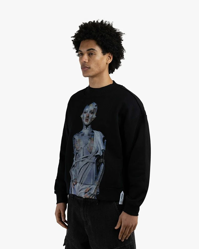 Black Cropped Sweatshirt | Cyborg Girl Graphic - Image 2