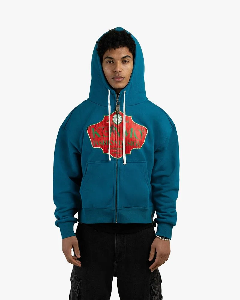 Blue Zip-Up Cropped Hoodie | Vintage Fashion Design Graphic