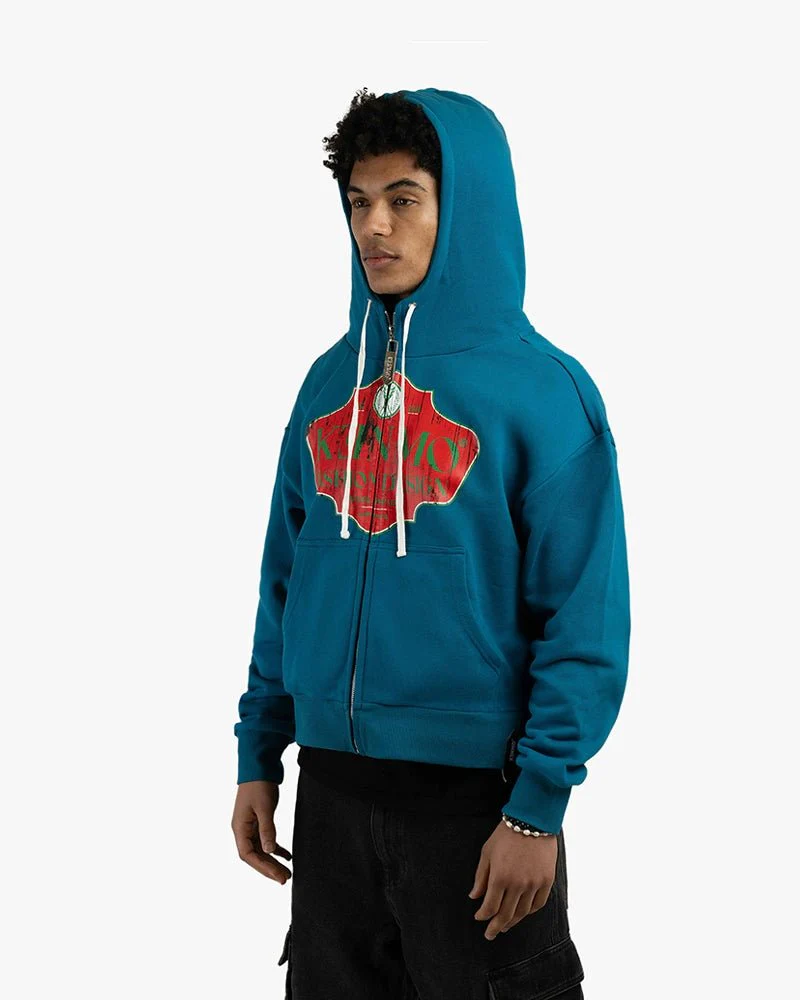 Blue Zip-Up Cropped Hoodie | Vintage Fashion Design Graphic - Image 2