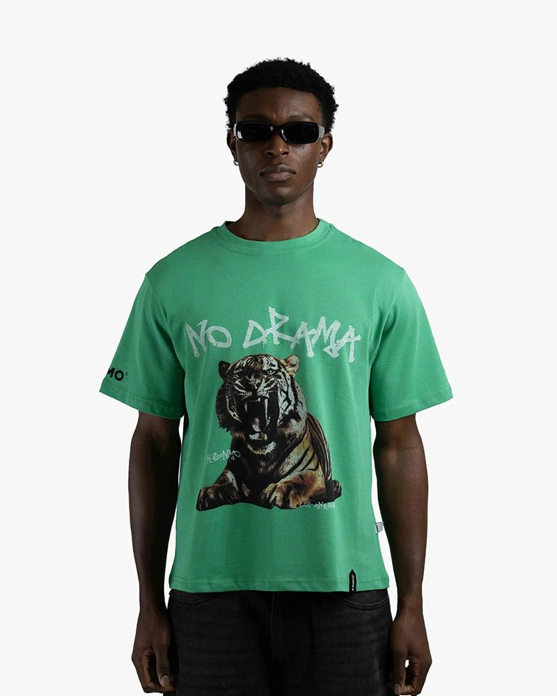 Green Oversize Tee | No Drama With Roaring Tiger Graphic