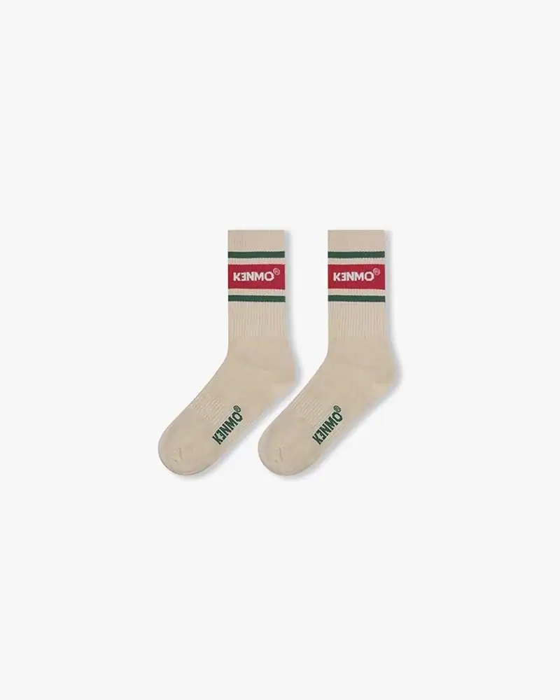 White Retro Socks | Red Stripe, Logo & Green Accent Lines