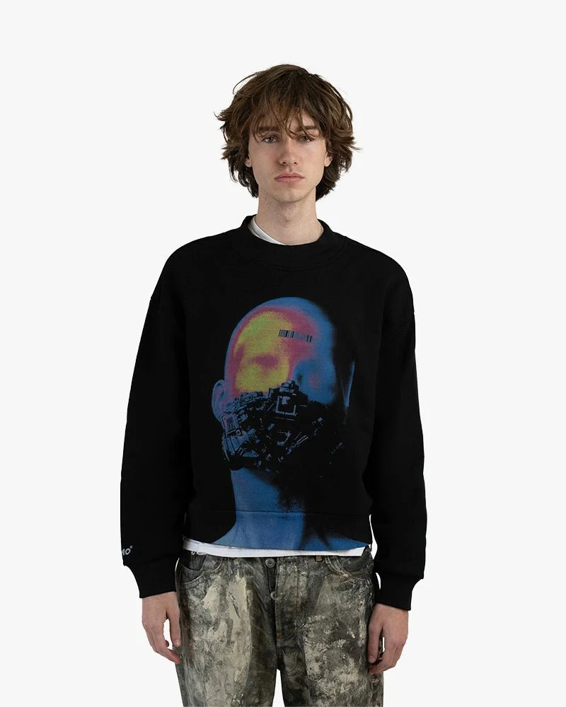 Black Cropped Sweatshirt | Silent Cyborg Graphic