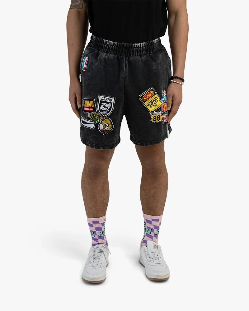 Black Washed Shorts | Kenmo Patches On Both Legs