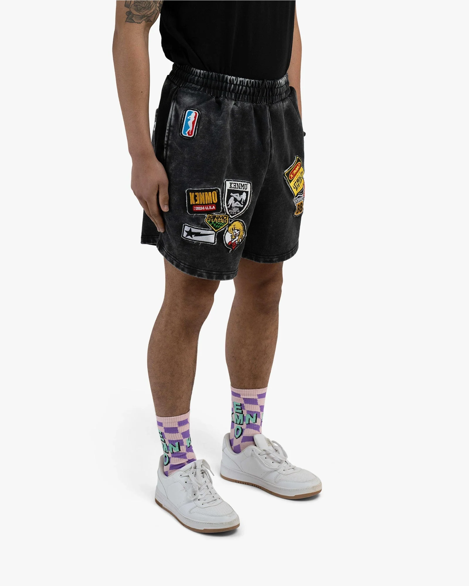 Black Washed Shorts | Kenmo Patches On Both Legs - Image 3